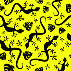 Fototapeta premium Seamless pattern. Black lizards and monstera leaves on yellow backround. Vector graphic illustration.