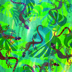 Obraz premium Funny cartoon lizards sitting on green leaves. Artistic graphic illustration.