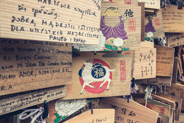 Wooden tablets with desires near the temple 