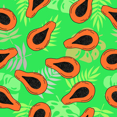 Hand drawn papaya fruit seamless pattern. Vector illustration.