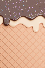 Chocolate and Vanilla Ice Cream Melted with Sprinkles on Wafer Background.,3d model and illustration.