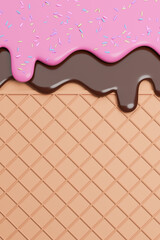 Chocolate and Strawberry Ice Cream Melted with Sprinkles on Wafer Background.,3d model and illustration.