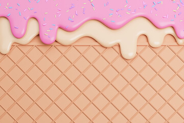 Strawberry and Vanilla Ice Cream Melted with Sprinkles on Wafer Background.,3d model and illustration.