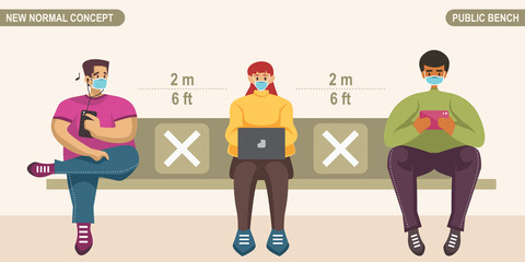 New normal social distancing concept. People wearing medical mask, sitting on public bench and keeping distance to protect from COVID-19 Coronavirus. Scalable and editable vector illustration.