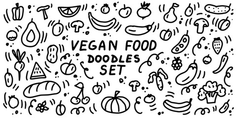 Vegan Food Doodle collection. Natural healthy vegetarian food, vegetables and fruits. Hand drawn lines cartoon icons set. For restaurants, cafes, menu, textile prints, web and graphic design.