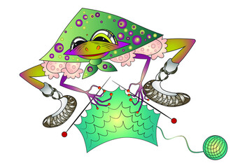Smiling grandmother frog with typical russian boots is knitting. Cartoon character. Vector illustration