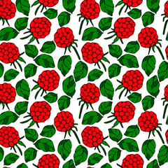 seamless pattern, stylized raspberry berries and leaves in cartoon style, in bright colors, wallpaper and fabric ornament, wrapping paper, background for different designs