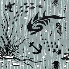 Seamless pattern. Fish predator on gray backround. Vector graphic illustration.	