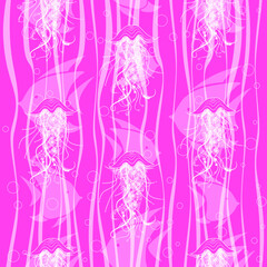 Seamless pattern. White contour jellyfish and fish on pink backround. Vector graphic illustration.