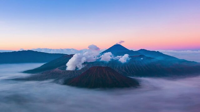 Sunrise Over The Volcano Mountains Time lapse, Landmark Nature Travel Place Of East Java, Indonesia