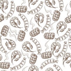 Grilled sausages, shrimps and corn, food and snacks seamless pattern