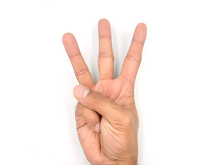 A hand showing three fingers isolated on white background with clipping path included.