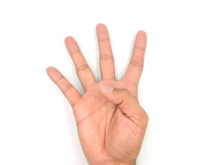 A hand showing four fingers isolated on white background with clipping path included.