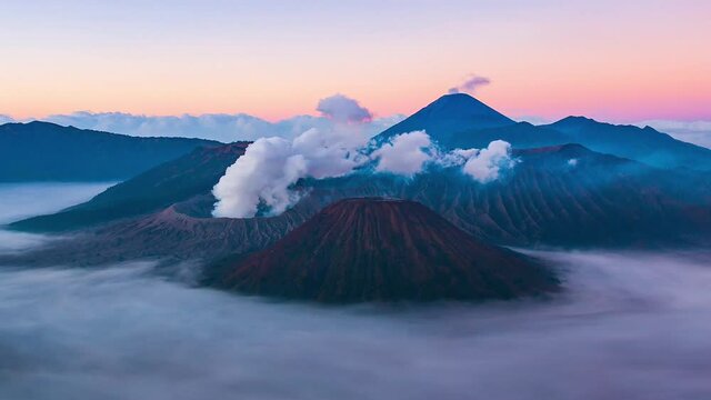 Sunrise Over The Volcano Mountains Time lapse, Landmark Nature Travel Place Of East Java, Indonesia (zoom in)