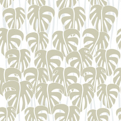 Fototapeta na wymiar Seamless pattern. Light beige contour leaves and gray waves on white backround. Vector graphic illustration.