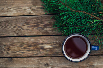 Flat lay winter cozy Christmas vintage background with. The cup of tea or coffee. Christmas atmosphere.