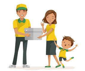 Deliveryman package delivery for woman. mother and son.