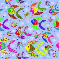 Fototapeta na wymiar Seamless pattern. Colorful fish on light blue color backround. Vector graphic illustration.