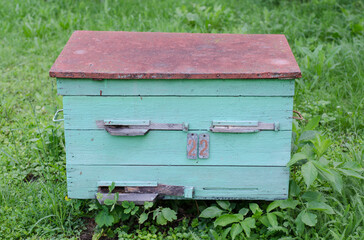 Wooden beehive. House for the bees. Apiary.