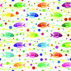 Seamless pattern. Colorful fish on white backround. Vector graphic illustration.