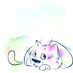 Cute Cat Sketch on Abstract Watercolor Background - Vector Illustration