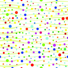 Seamless pattern. Colorful bobbles and waves on white backround. Vector illustration.