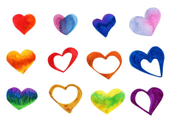 watercolor colorful hearts set, party clipart, isolated