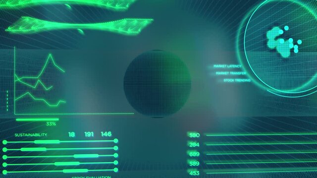 Company data charts and financial info displayed in 3D space with flying numbers and charts