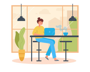 Female freelancer . Working on a laptop in a cafe Vector. Cartoon. Isolated art on white background. Flat