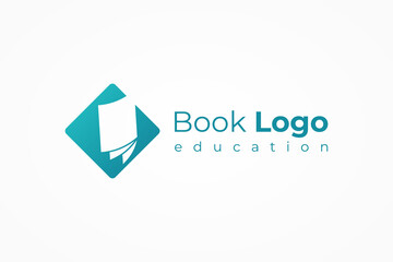 Book Logo Education Emblem. Blue Square Rounded Shape with Negative Space Book Icon inside isolated on White Background. Flat Vector Logo Design Template Element.