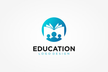 Education Logo. Blue Circle Shape with Negative Space Book Icon inside Combined with Human Icon isolated on White Background. Flat Vector Logo Design Template Element.