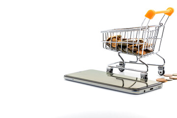 close up shopping cart coin smartphone white background concept e-commerce