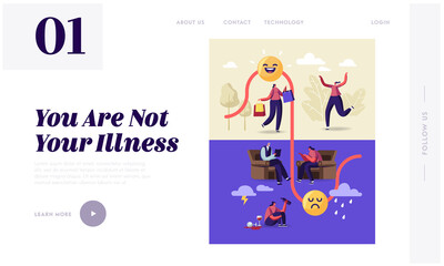 Bipolar Mental Brain Disorder Landing Page Template. Female Character with Neurological or Emotion Sickness Visit Psychiatrist Doctor for Medical Psychological Help. Cartoon People Vector Illustration