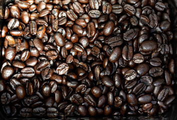 macro of fresh roasted, dark brown coffee beans