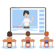 Online Teacher on Tablet monitor teaching education lesson for student on video blog social media webinar training, Distance Learning Television concept.