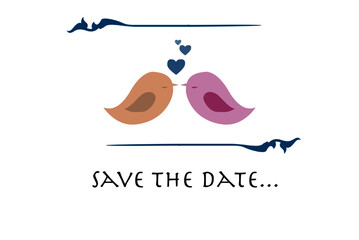 Two birds in love kissing, suitable for wedding invitation card.