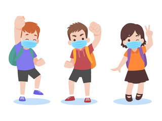 Set of children in new normal life wearing a surgical protective Medical mask for prevent coronavirus ready go to school, Back to school Health care concept.