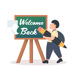 schoolboy holding pencil standing in front of chalk board with welcome back text coronavirus quarantine is over concept full length vector illustration