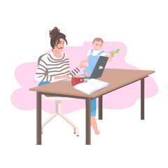 woman in headset using laptop spending time with son during coronavirus pandemic quarantine freelance concept isolated full length vector illustration