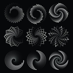 Set of white zigzag dotted lines. Spiral and circle form. Geometric art. Trendy design element for logo, tattoo, sign, symbol, web pages, prints, posters, template, pattern and abstract background