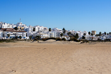 Conil de la Frontera / Spain - December 31, 2016 - Panoramic view from the beach side of the...
