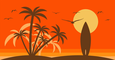 Fototapeta na wymiar isola tropicale, spiaggia, palme, estate, surf, tavola da surf