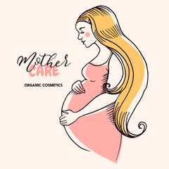 Hand drawn sketch beautiful pregnant profile mother silhouette. Woman vector illustration. Happy Mothers Day card