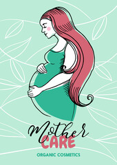 Hand drawn sketch beautiful pregnant profile mother silhouette. Woman vector illustration. Happy Mothers Day card