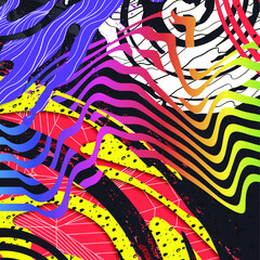 Flow of colorful splashes taxtured by waves, linear 3d polygonal, hand made patterns and textures combine with 3d wavy gradient lines. Abstract vector illustration. Liquid concept. 
