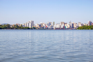 Fototapeta na wymiar Buildings in Porto Alegre city and Guaiba river