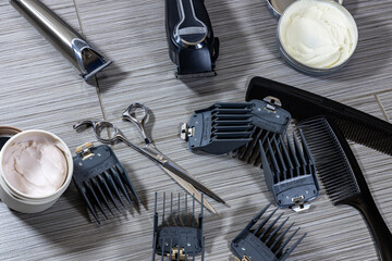an assortment of tools and equipment used by professional barbers or hair stylists