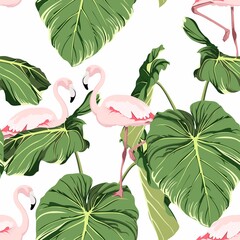 Seamless pattern with flamingo birds, tropical leaves. Trendy style. Vintage background with big green leaves.