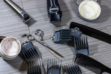 an assortment of tools and equipment used by professional barbers or hair stylists