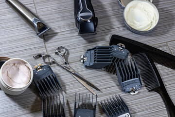 an assortment of tools and equipment used by professional barbers or hair stylists